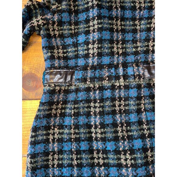 Womens Steve Madden Blue Plaid Tweed Belted Faux Leather Trim Buttons Coat L - Picture 12 of 12